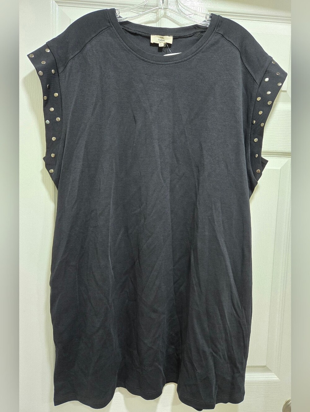NWT Entro Black T Shirt Dress Studded Shoulder Cap Sleeve Shift Mini Pocket XL